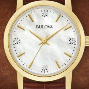 Women's Diamond Accent Brown Leather Strap Watch 27mm Bulova 97P170